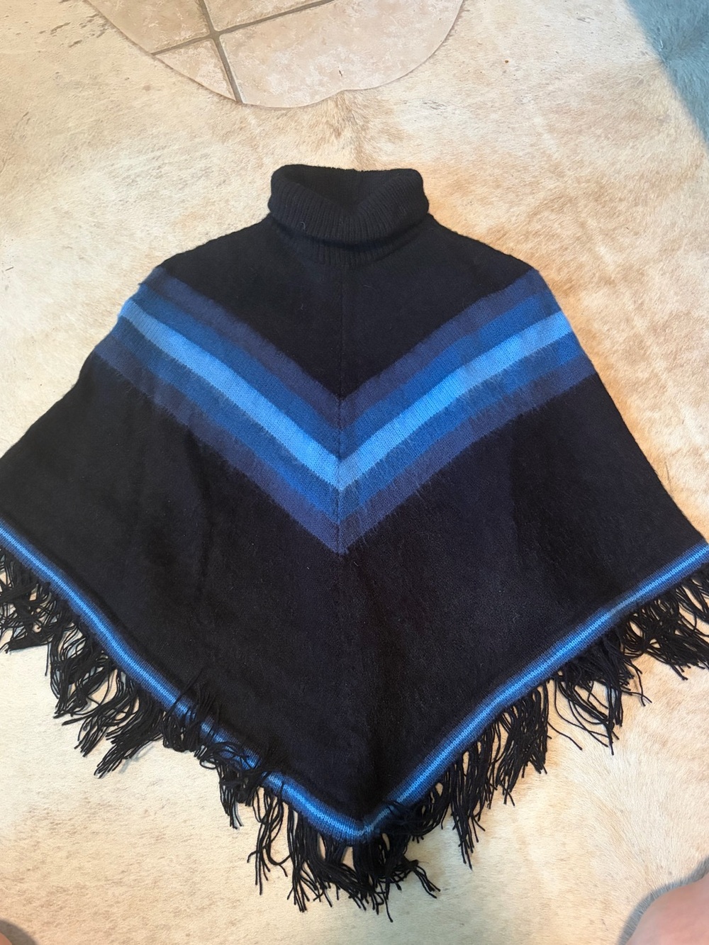 Black Turtleneck Fringe Poncho with Blue Chevron Stripes